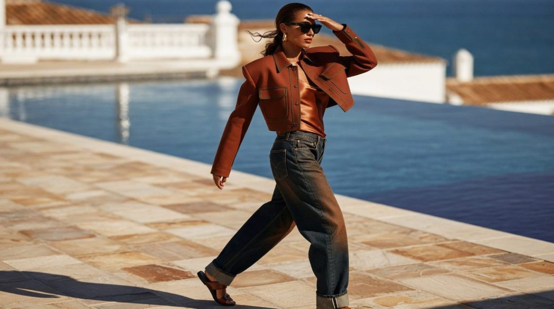 Woman wearing barrel-leg jeans with a long jacket layered over a striped shirt, styled for a postpartum silhouette