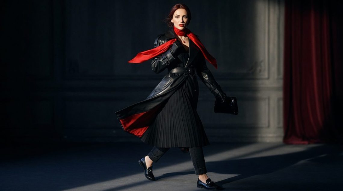 Belted gabardine trench coat worn over a fine-knit crewneck, straight-leg jeans and loafers on a Paris street