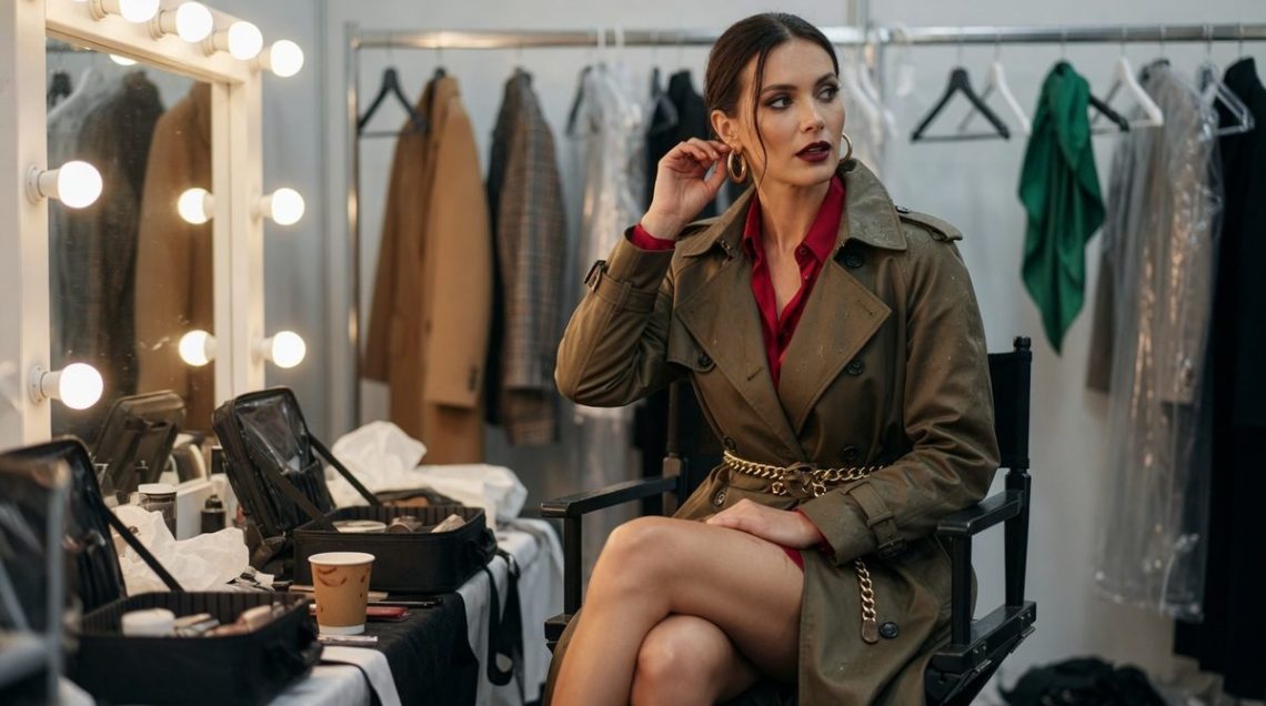 Why dressing for British weather says more about us than any trend does Woman in a beige trench coat, roll-neck jumper and scarf walking a rain-soaked London street in autumn
