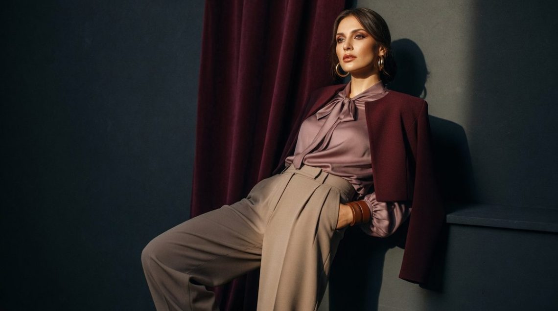 Close-up of taupe wool crepe tailored trousers styled with a black knit top and gold jewellery
