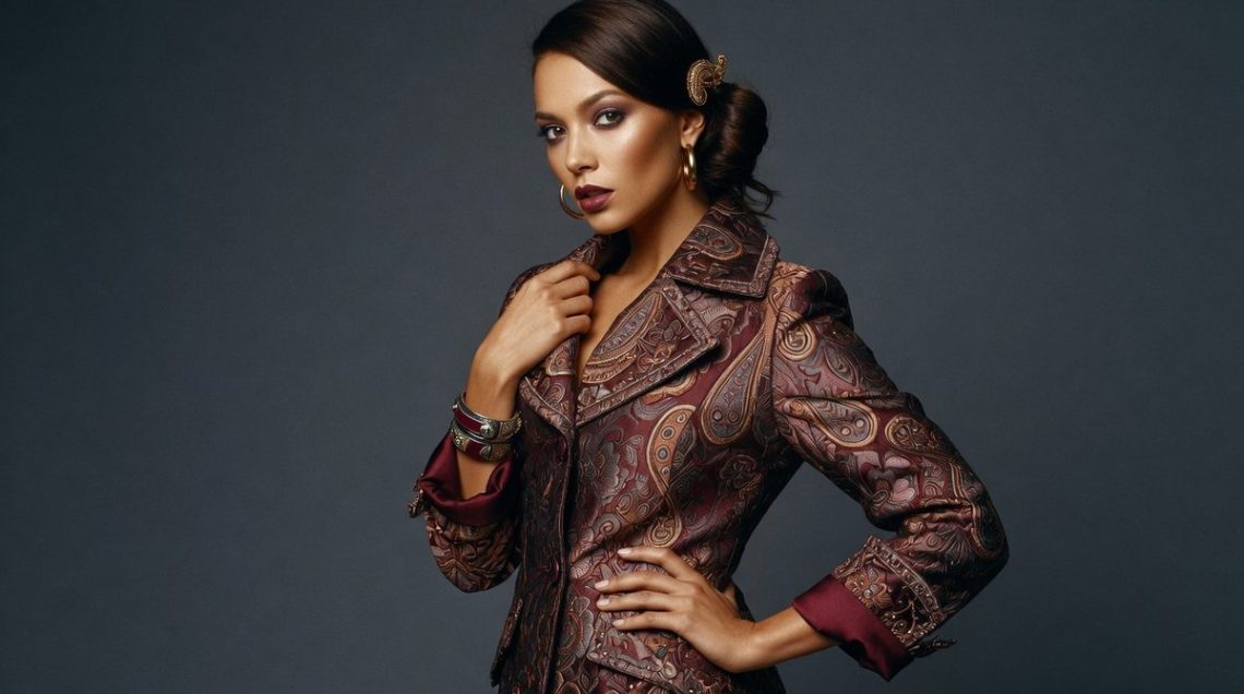 Street style look featuring a Bambi deer print jacket and brocade skirt during AW26 fashion week