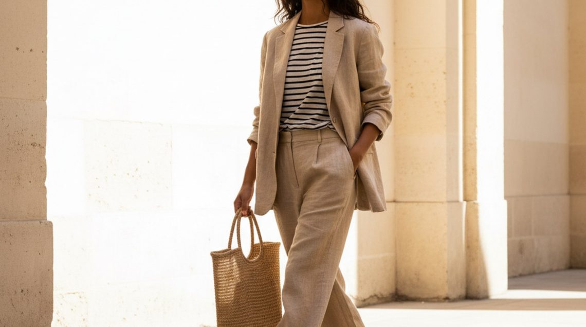 Woman in a creased sand linen blazer walks through a sunlit Parisian courtyard, dark hair loose, pale plaster walls behind he