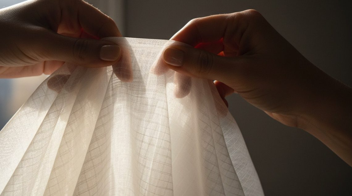 Manicured hands with nude nails pinch pale ivory organza fabric, light passing through the sheer weave in a close-up detail s