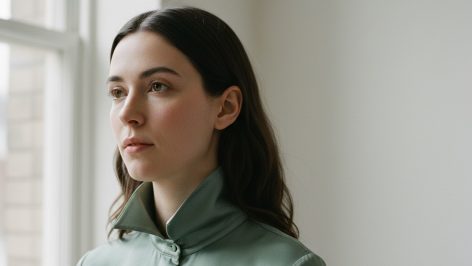 Close portrait of a pale-skinned brunette woman wearing chartreuse, shot from slightly below eye level against a soft white-g
