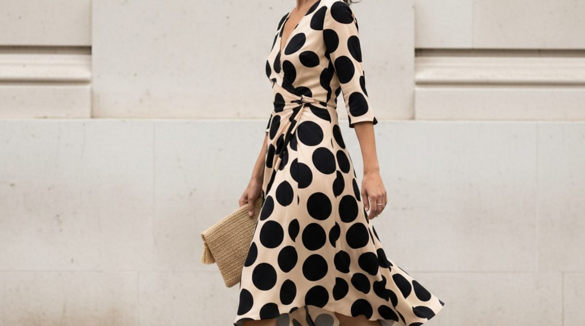 Woman walking along a London street in a cream bias-cut midi dress with large black polka dots, hem lifting in the breeze, ho