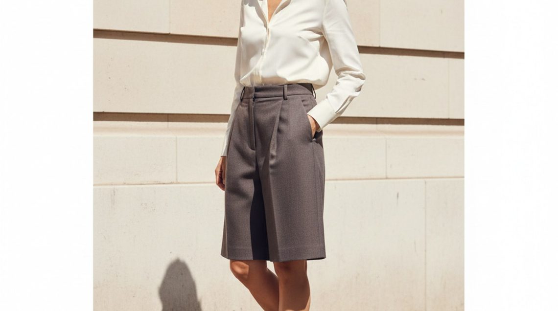 Woman mid-stride on a sunlit London pavement wearing high-waisted pleated charcoal wool-crepe shorts, one hand in pocket, chi
