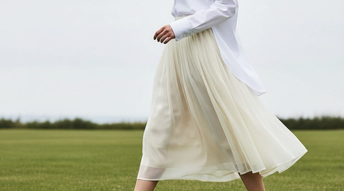 Woman mid-stride on a lawn wearing a voluminous cream organza pleated midi skirt, hem lifting slightly in the breeze.