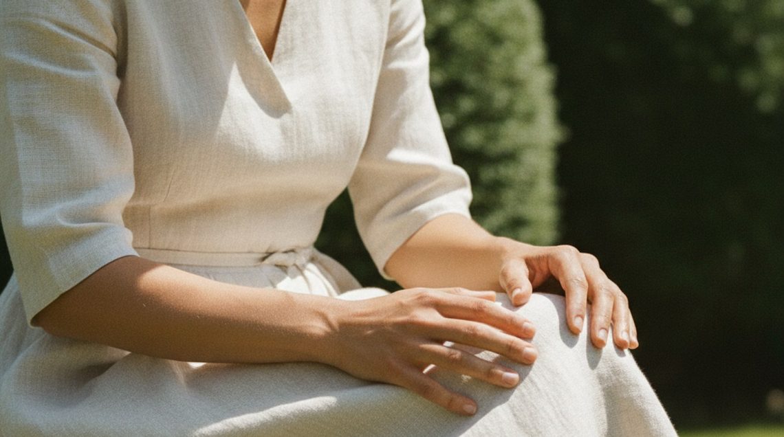 Does Linen Crease? What UK High Streets Don’t Tell You Before You Buy Woman in pale oatmeal linen midi dress seated outdoors, hand smoothing visible creases in fabric at midday.