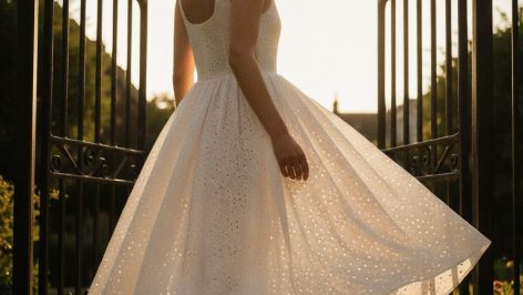 Woman in white broderie anglaise sundress walking through garden gate, full skirt lifted by breeze, eyelet detail visible in