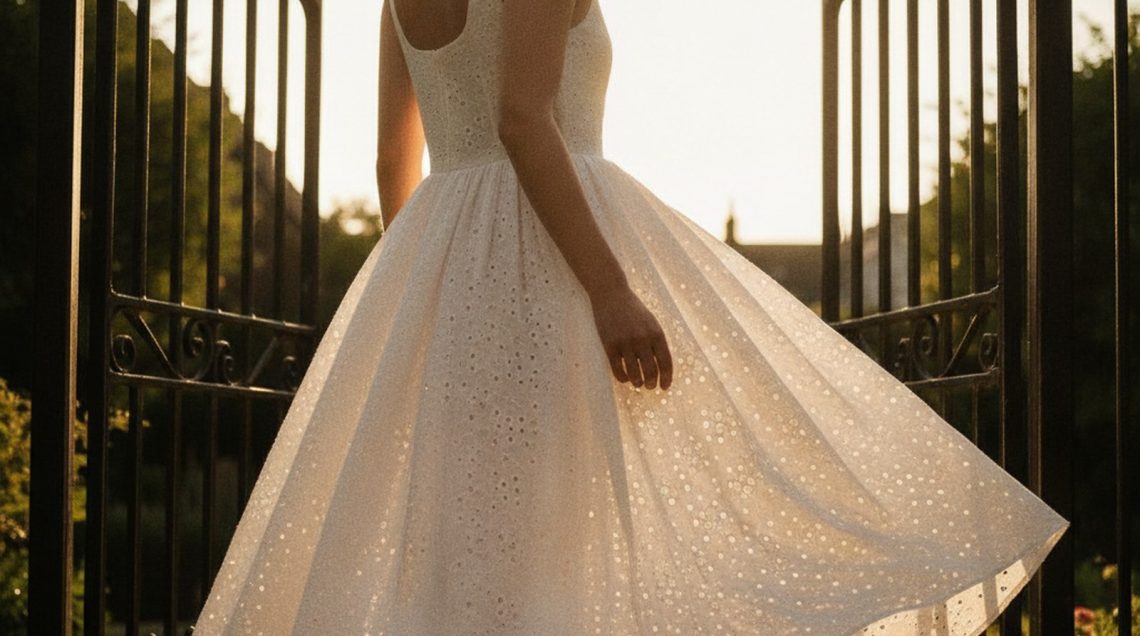 Woman in white broderie anglaise sundress walking through garden gate, full skirt lifted by breeze, eyelet detail visible in