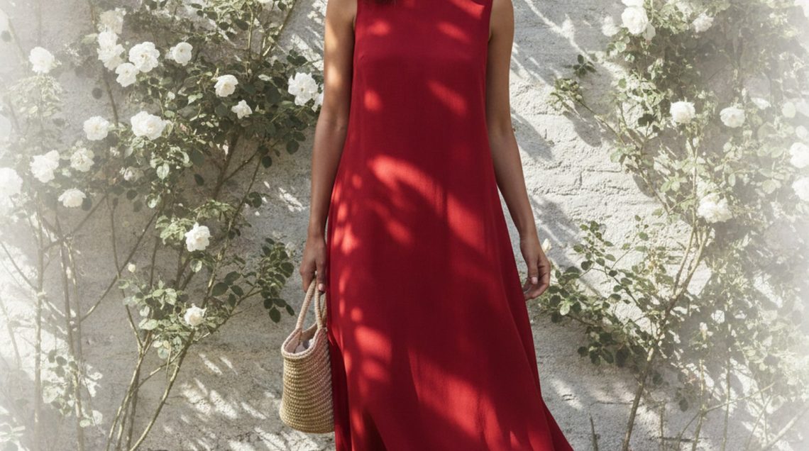 Woman with warm-toned skin and loose dark hair wearing a fluid poppy-red midi dress, standing in a sun-lit garden with white
