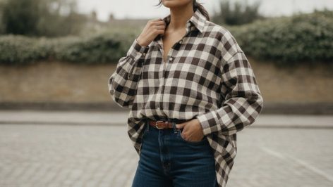 Woman adjusting the collar of an oversized chocolate brown and cream jumbo gingham shirt, standing on uneven stone pavement.