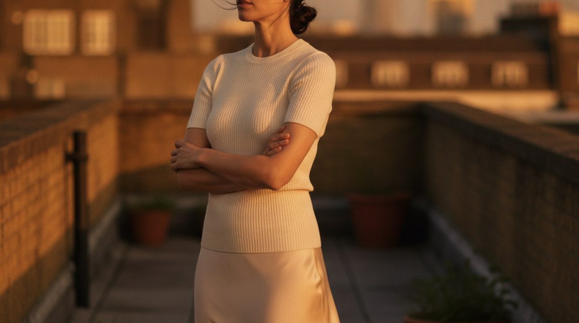 Woman on London rooftop at golden hour wearing ivory fine-knit shell top tucked into a champagne midi skirt, arms folded.