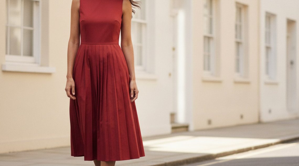 Woman in a tomato-red cotton drop-waist midi dress with pleated skirt and nude court shoes on a quiet London street.