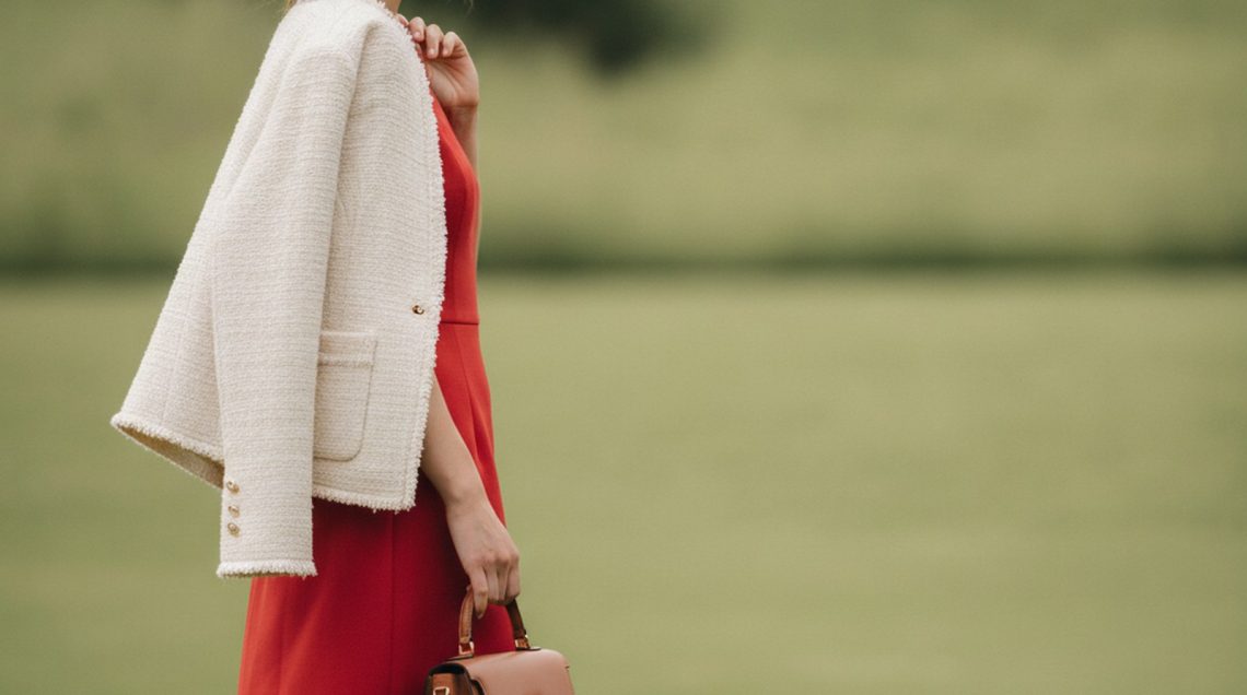 One Midi, One Blazer: The UK Summer Occasion Capsule Formula Woman in a tomato-red structured midi dress stands on a sunlit English lawn, soft sage green garden background behind her.