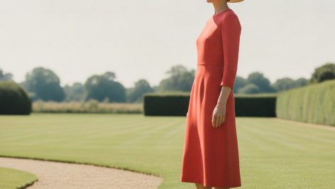 How to Wear Bright Tomato in 2026 Without Looking Overdressed Woman in a tailored bright red-orange midi dress stands in three-quarter profile on a sunlit lawn, posture relaxed and unhurr