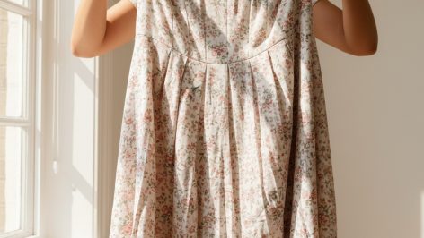 How to Care for Viscose Clothing Without Ruining It Woman holding up a crumpled, distorted floral viscose midi dress with an uneven, puckered hemline suggesting shrinkage.