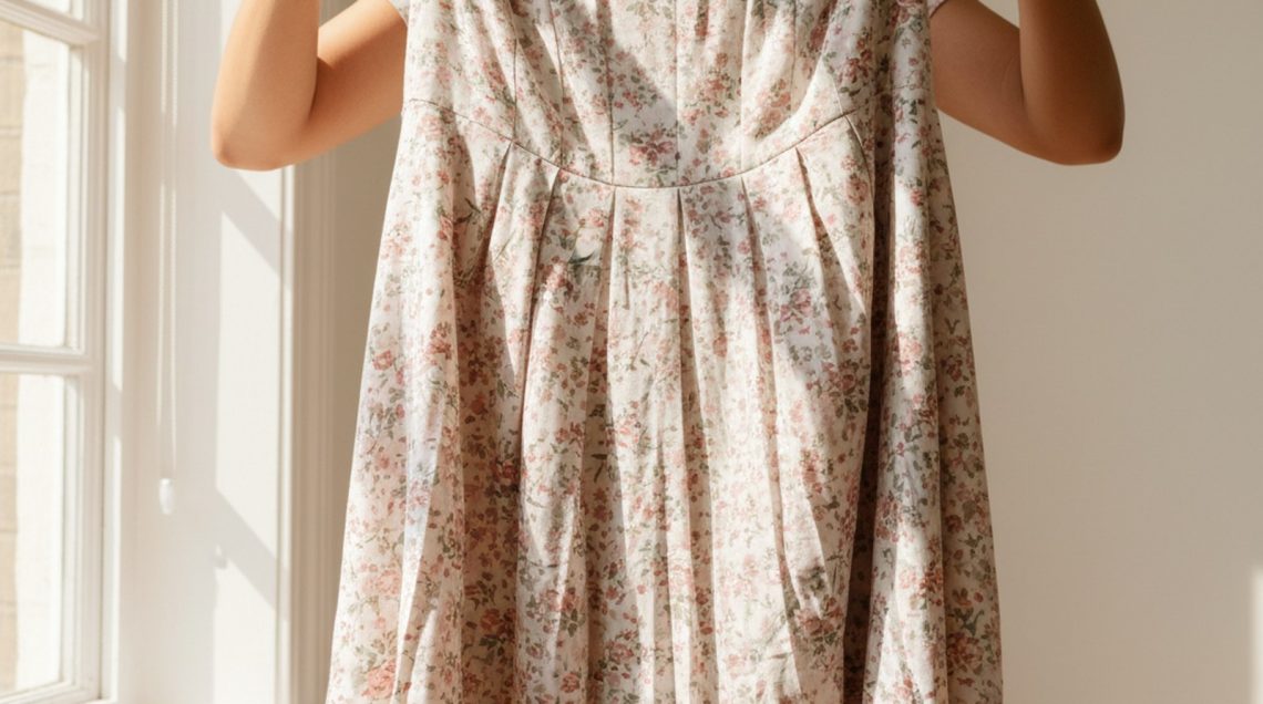 How to Care for Viscose Clothing Without Ruining It Woman holding up a crumpled, distorted floral viscose midi dress with an uneven, puckered hemline suggesting shrinkage.