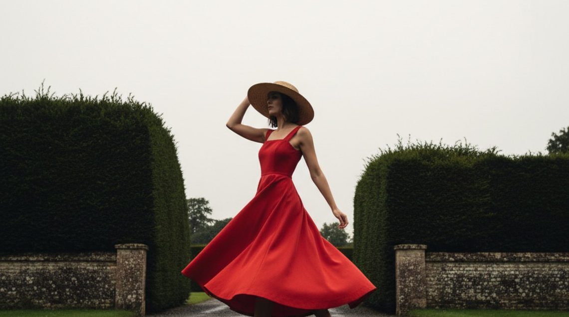 Your Summer Occasion Capsule Needs One Bold Midi, Not Beige Woman mid-stride in a tomato-red midi dress with wide straps and flared skirt, one hand pressing a straw hat, on a damp grave
