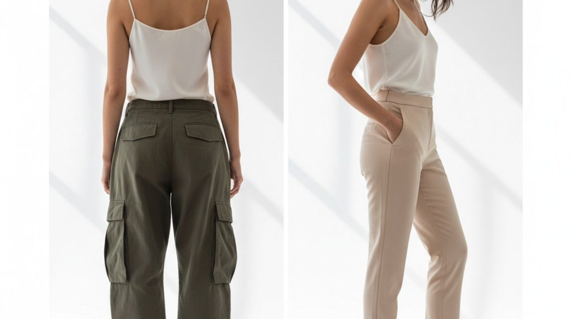 The Trouser Silhouette Replacing Wide Leg in 2026 Woman in tailored trousers poses against white studio backdrop, hair loosely pulled back, face turned away from camera.