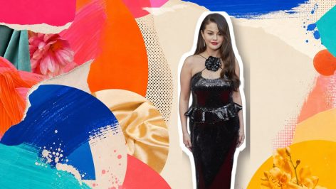 Selena Gomez editorial collage, cutout over a colourful fashion magazine background