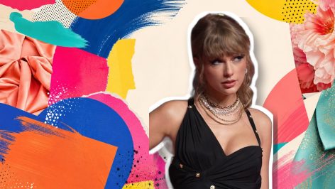Taylor Swift navy dress — editorial collage Taylor Swift editorial collage over a colourful fashion magazine background