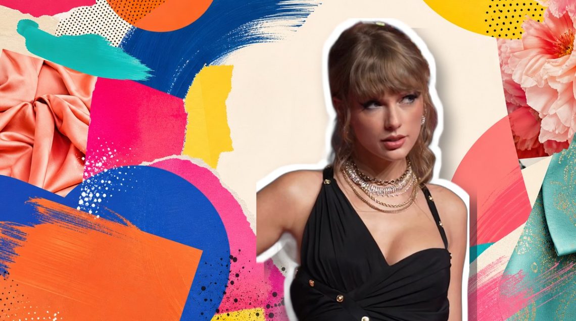 Taylor Swift navy dress — editorial collage Taylor Swift editorial collage over a colourful fashion magazine background
