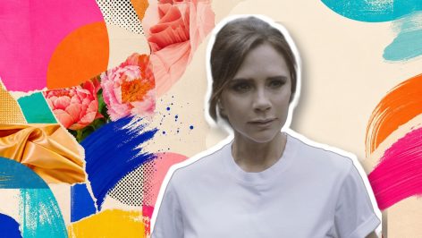 Victoria Beckham sheer dress trend — editorial collage Victoria Beckham editorial collage over a colourful fashion magazine background