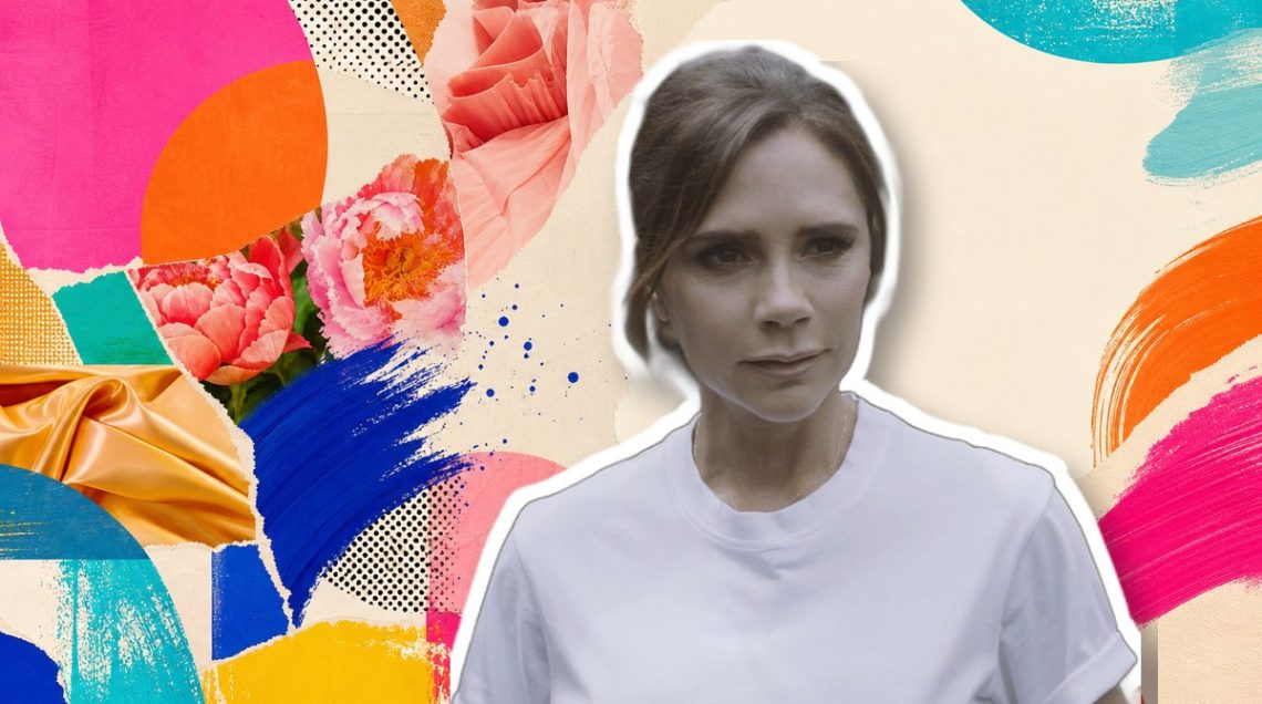 Victoria Beckham sheer dress trend — editorial collage Victoria Beckham editorial collage over a colourful fashion magazine background